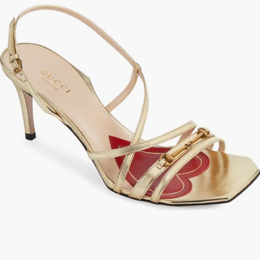 Gucci Horsebit Strappy Mid Heel Sandal.